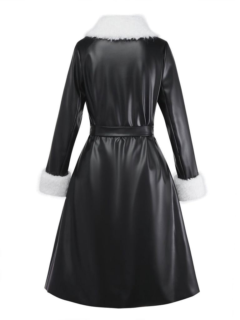 [Vorverkauf] Schwarz 1940er Faux Leder Pelzbesatz Mantel