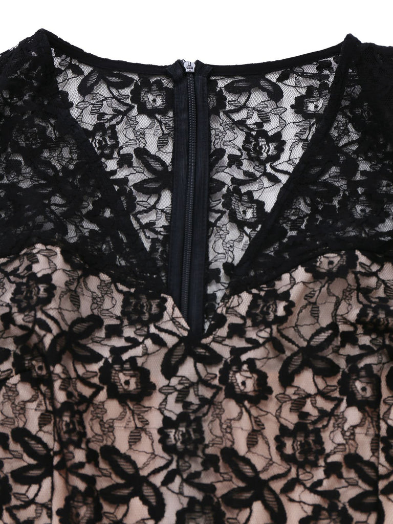 [Vorverkauf] Schwarz 1950er Spitze Mieder Perle Gürtel Sheer Ärmel Jumpsuit