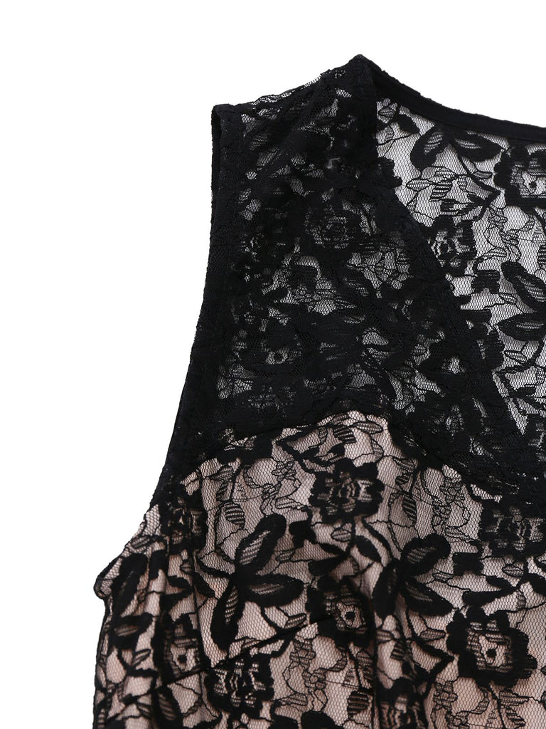 [Vorverkauf] Schwarz 1950er Spitze Mieder Perle Gürtel Sheer Ärmel Jumpsuit