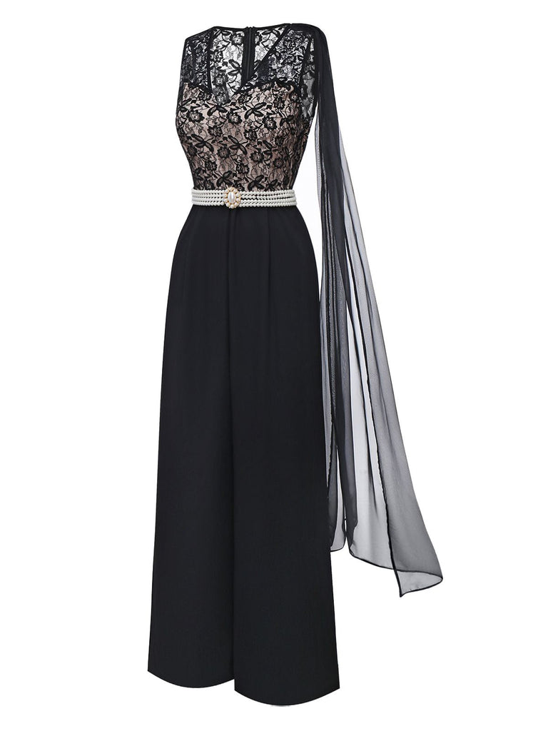 [Vorverkauf] Schwarz 1950er Spitze Mieder Perle Gürtel Sheer Ärmel Jumpsuit