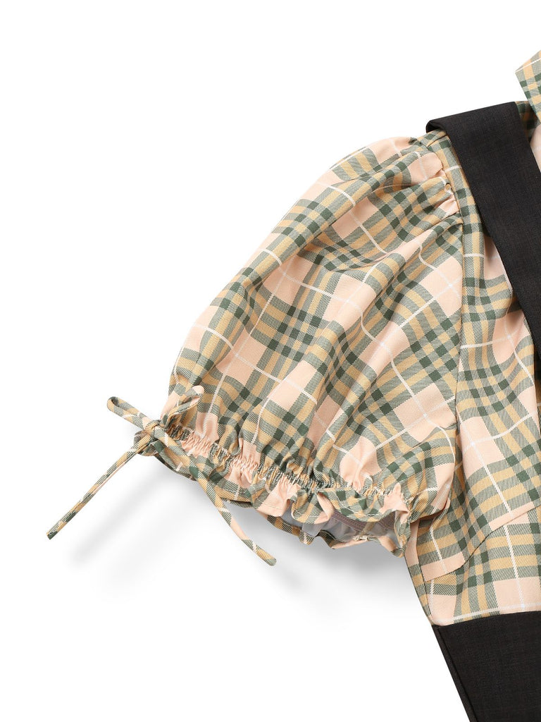 [Vorverkauf] Gelb 1940er Karo Bogen Faux Zweiteiler Hosenträger Jumpsuit