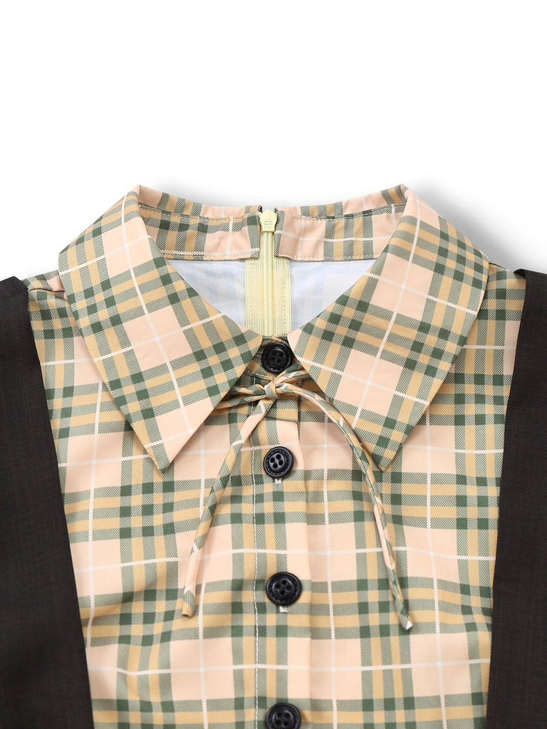 [Vorverkauf] Gelb 1940er Karo Bogen Faux Zweiteiler Hosenträger Jumpsuit