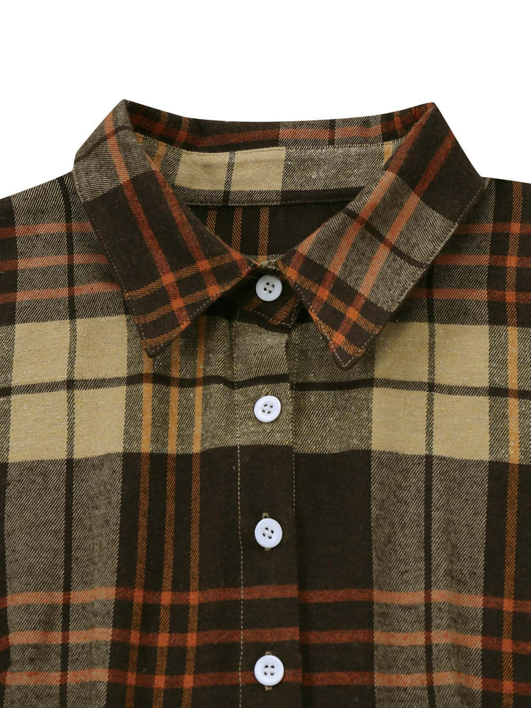 [Vorverkauf] Khaki 1940er Hemd Kragen Kariert Gürtel Kleid