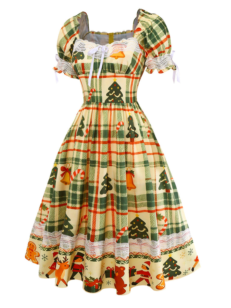 [Vorverkauf] Multicolor 1950er Weihnachten Tartan Spitze Kleid