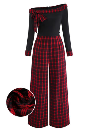 [Vorverkauf] Rot 1940er Schulterfrei Bogen Karo Patchwork Jumpsuit