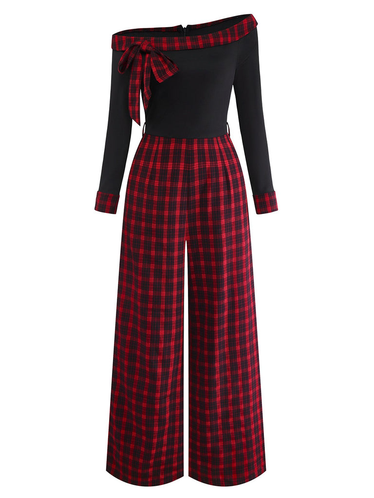 [Vorverkauf] Rot 1940er Schulterfrei Bogen Karo Patchwork Jumpsuit