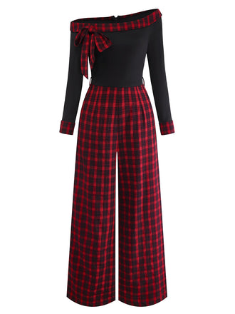 [Vorverkauf] Rot 1940er Schulterfrei Bogen Karo Patchwork Jumpsuit