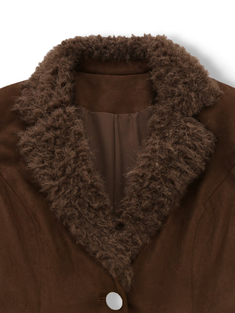 [Vorverkauf] 2PCS Dunkelbraun 1960er Faux Wildleder Pelzig Jacke & Rock