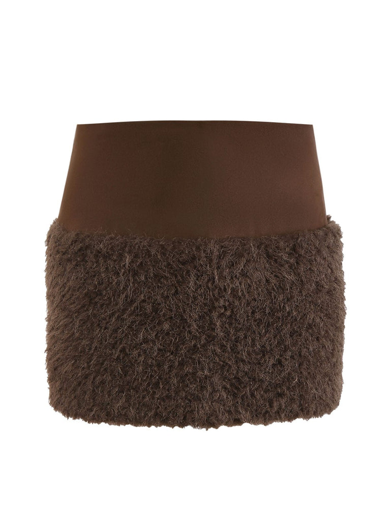 [Vorverkauf] 2PCS Dunkelbraun 1960er Faux Wildleder Pelzig Jacke & Rock