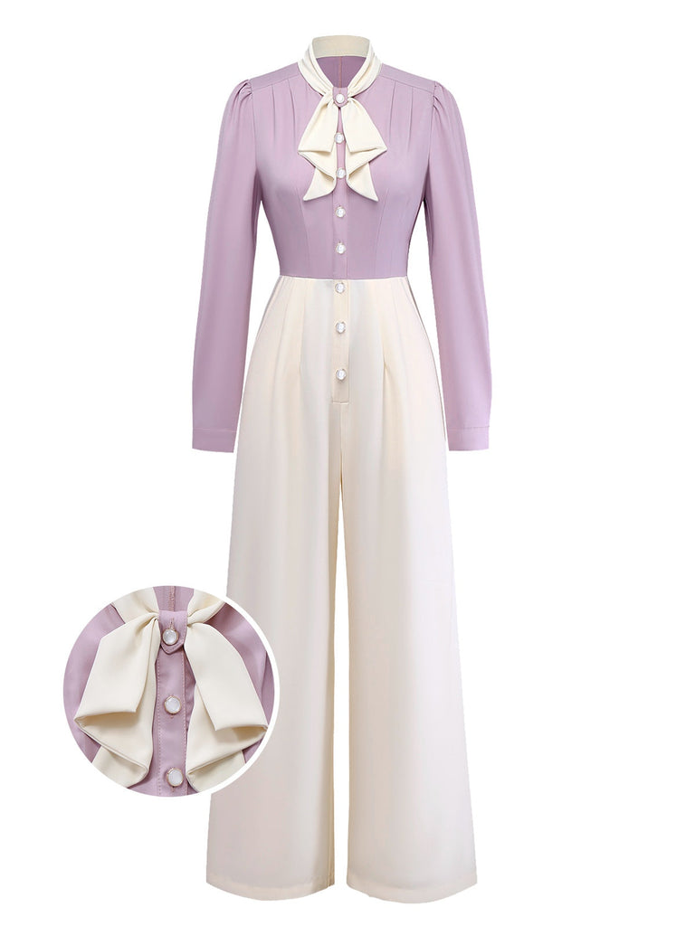 [Vorverkauf] Lavendel 1930er Puffärmel Bogen Bindekragen Jumpsuit