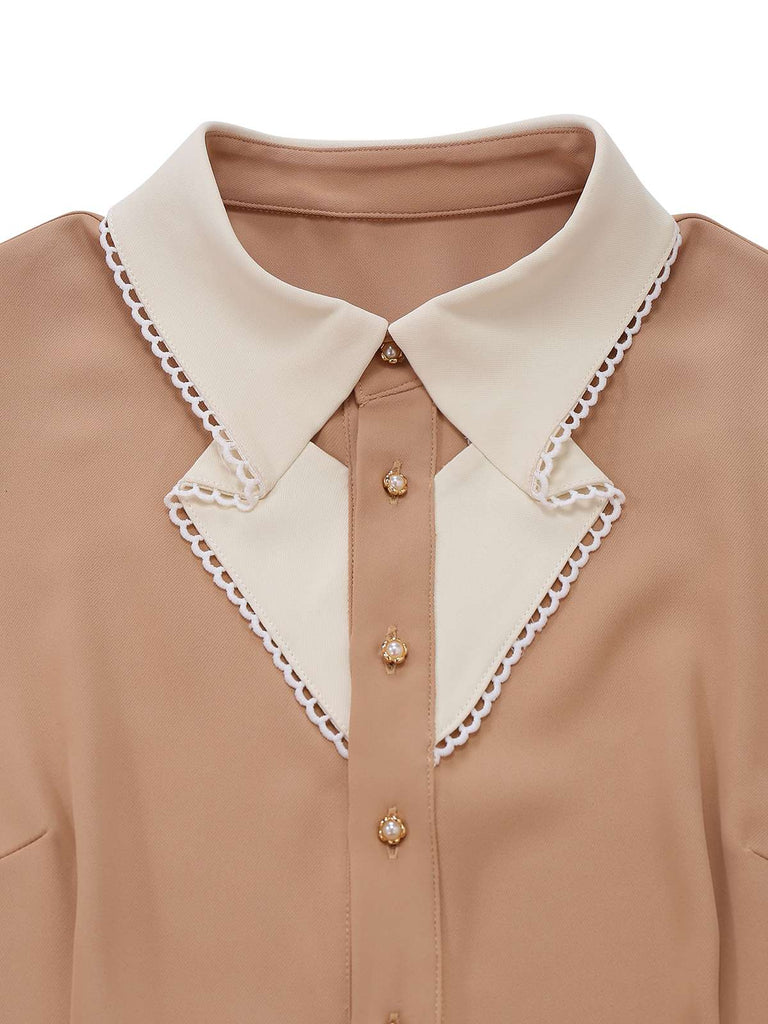 [Vorverkauf] Khaki 1940er Farbblock Rüschen Revers Jumpsuit