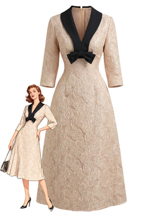 Sekt 1930er Rose Jacquard V-Ausschnitt Bogen Kleid