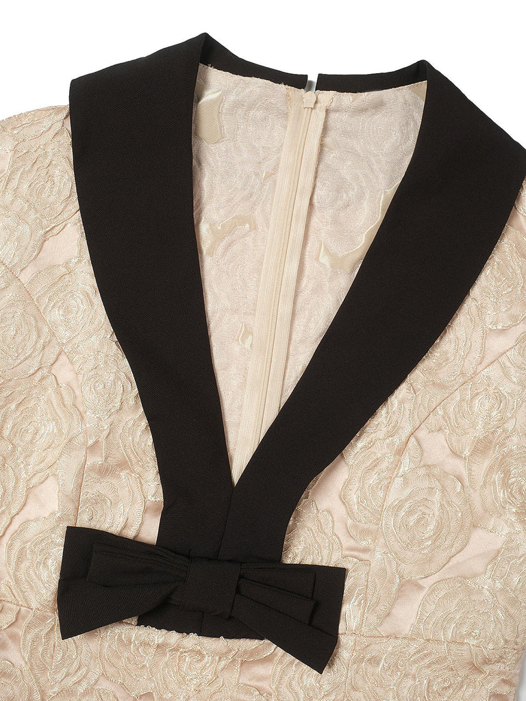 Sekt 1930er Rose Jacquard V-Ausschnitt Bogen Kleid