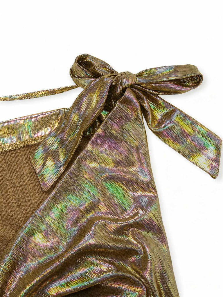 Gold 1930er Metallisch Texturiert Bogen Wasserfallkragen Kleid