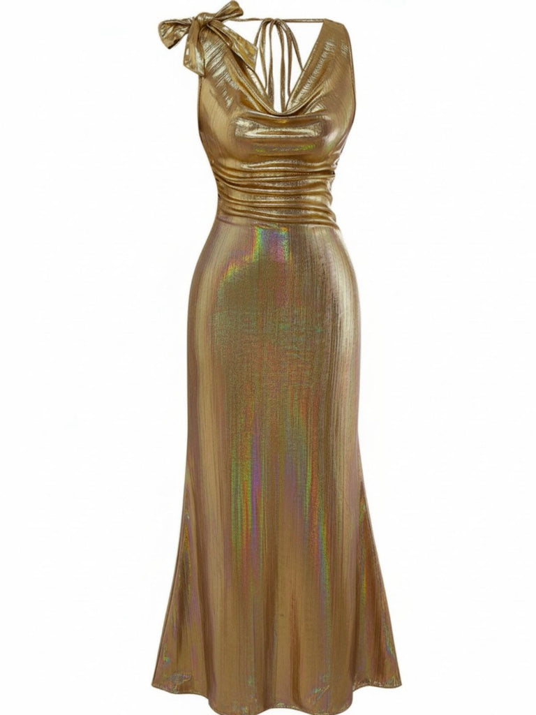 Gold 1930er Metallisch Texturiert Bogen Wasserfallkragen Kleid