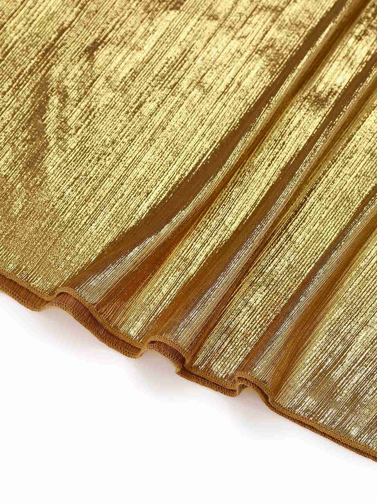 Gold 1930er Metallisch Texturiert Bogen Wasserfallkragen Kleid