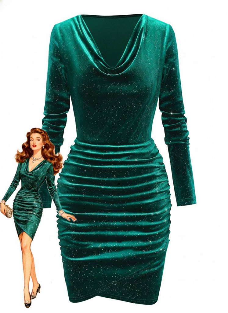 1960er Solide Samt Langarm Wasserfallausschnitt Kleid