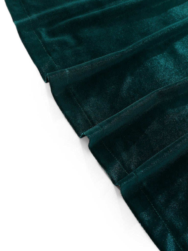 1930er Samt Schulterfrei Gerüschtes Seitenschlitz Kleid