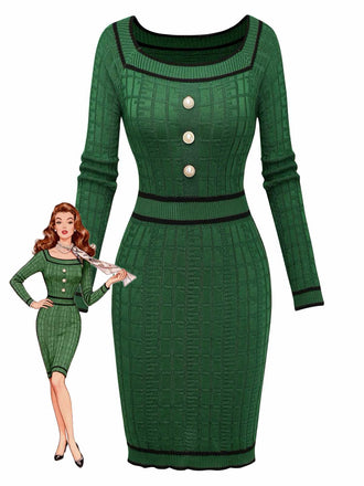 1960er Quadratischer Hals Perle Taste Stricken Kleid