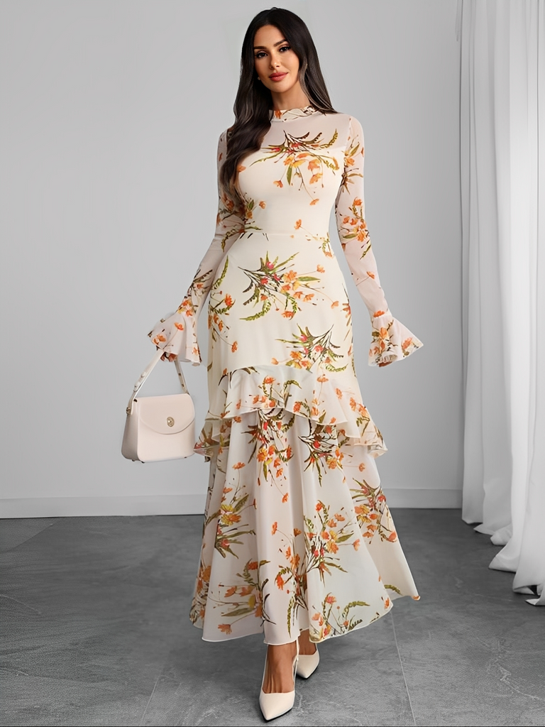 Schwarz 1930er Blumen Netz Rüschen Maxi Kleid