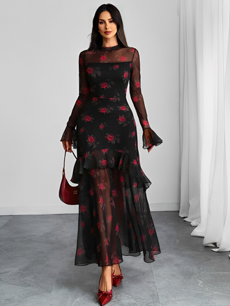 Rot 1930er Blumen Netz Rüschen Maxi Kleid