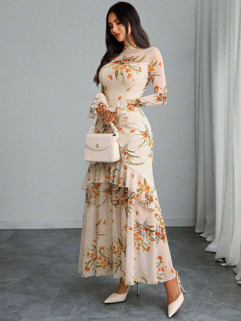 Schwarz 1930er Blumen Netz Rüschen Maxi Kleid