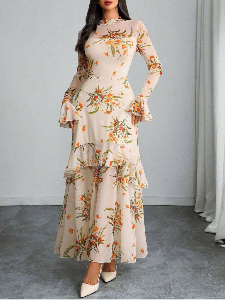 Schwarz 1930er Blumen Netz Rüschen Maxi Kleid