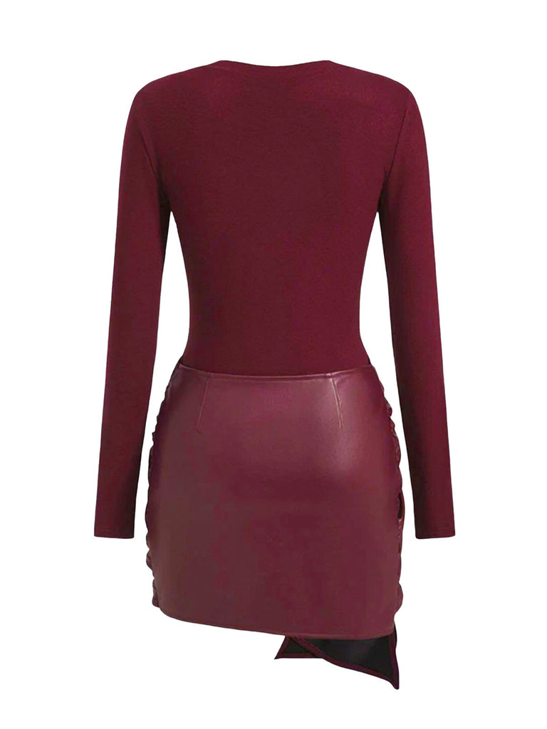 1980er Faux Leder Bogen Langarm Kleid