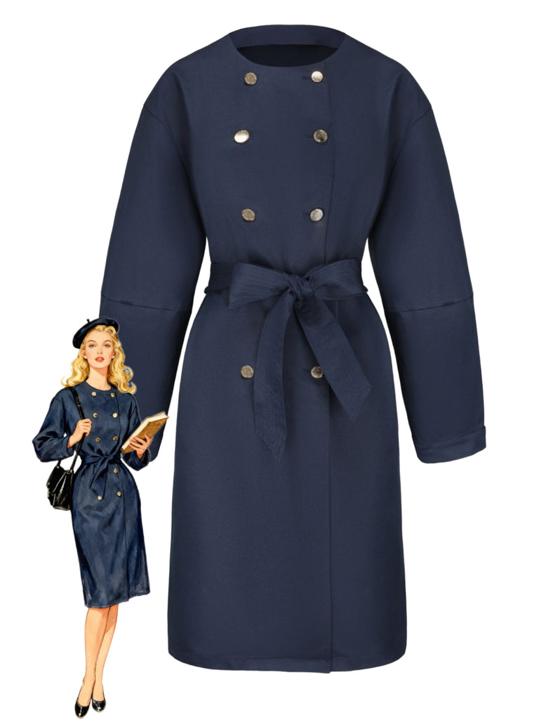 Blau 1940er Zweireihiger Rundhals Trench Mantel