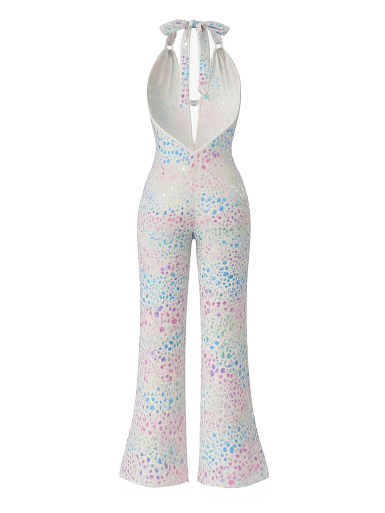 Metallisch 1980er Leopard Halter Tief-V Rückenfrei Jumpsuit