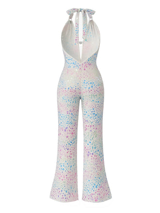 Metallisch 1980er Leopard Halter Tief-V Rückenfrei Jumpsuit