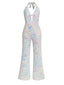 Metallisch 1980er Leopard Halter Tief-V Rückenfrei Jumpsuit