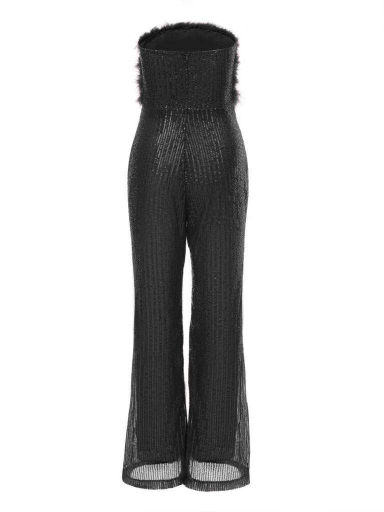 1950er Solide Feder Pailletten Patchwork Trägerlos Jumpsuit