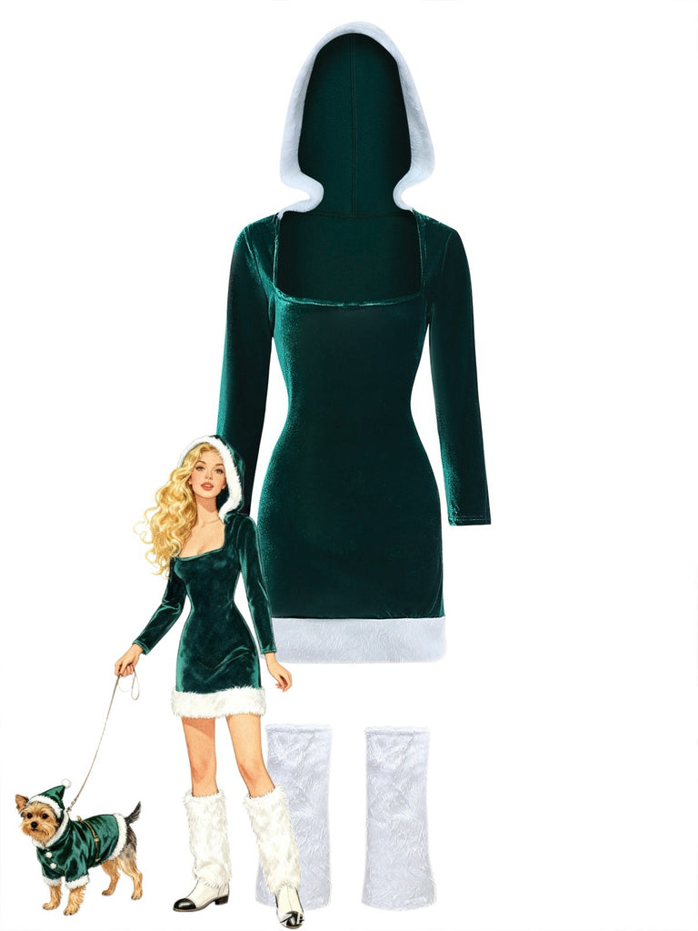 1980er Weihnachten Pelzbesatz Hooded Samt Kleid