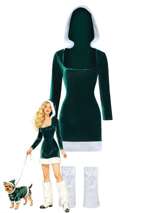 1980er Weihnachten Pelzbesatz Hooded Samt Kleid