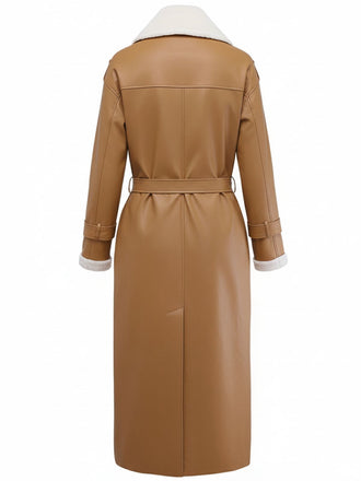 Khaki 1940er Kontrastierend Kunst Sherpa Fleece Revers Lang Mantel