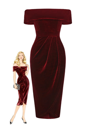 1980er Solide Samt Schulterfrei Midi Kleid