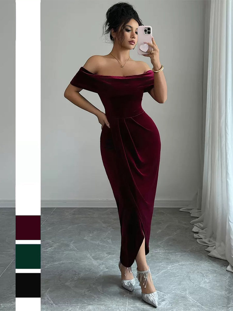 1980er Solide Samt Schulterfrei Midi Kleid