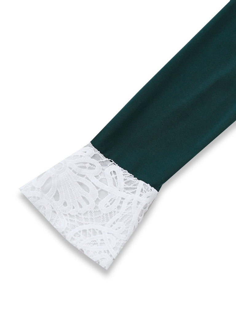 Grün 1930er Plaid Spitze Patchwork V-Ausschnitt Kleid