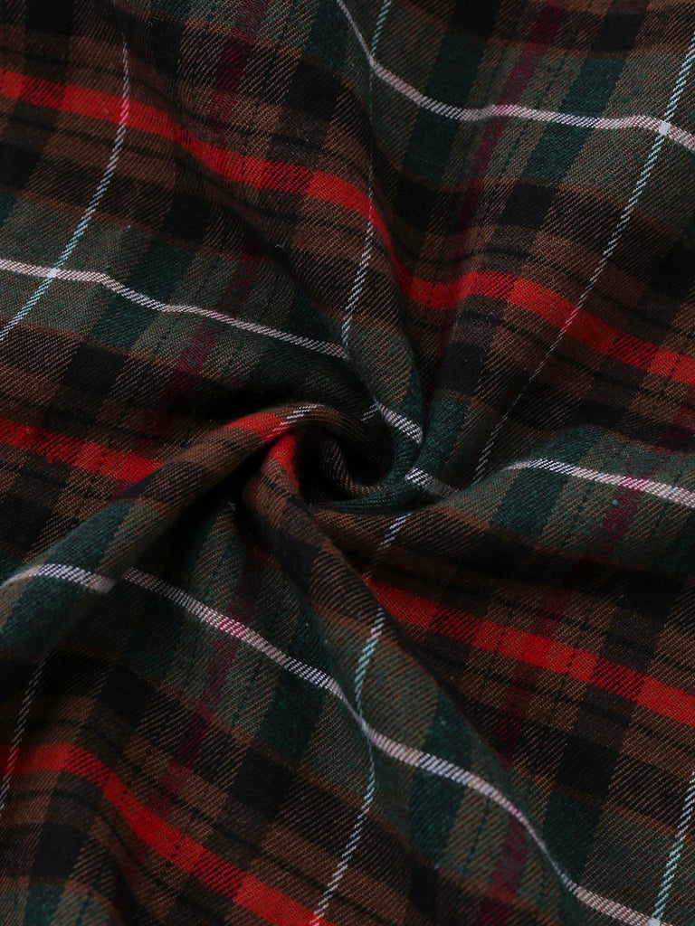 Grün 1930er Plaid Spitze Patchwork V-Ausschnitt Kleid
