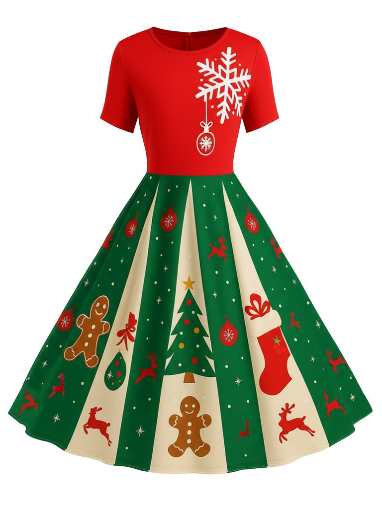 Schwarz 1950er Weihnachten Schneeflocke Swing Kleid
