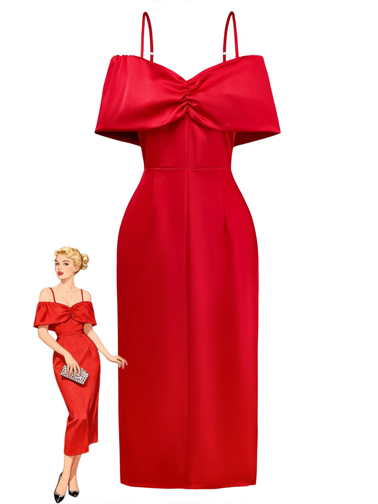 Rot 1980er Bogen Schulterfrei Satin Seitenschlitz Midi Kleid