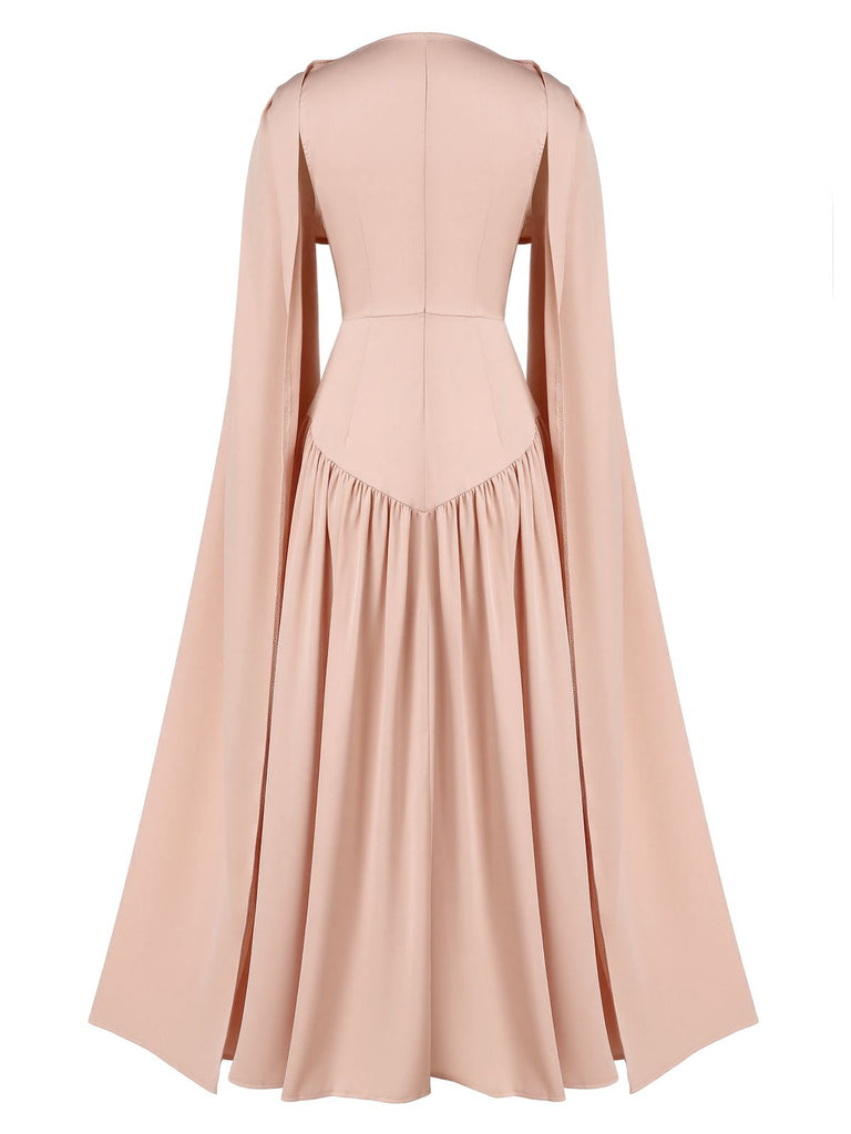 Beige 1950er Drapiert Renaissance Langarm Maxi Kleid