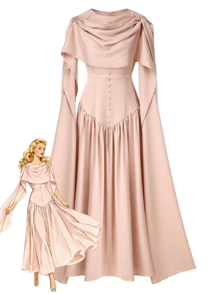 Beige 1950er Drapiert Renaissance Langarm Maxi Kleid
