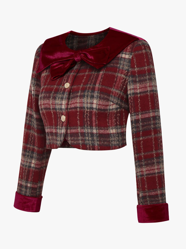 [Vorverkauf] Rot 1940er Flanell-Karo Samt Patchwork Jacke