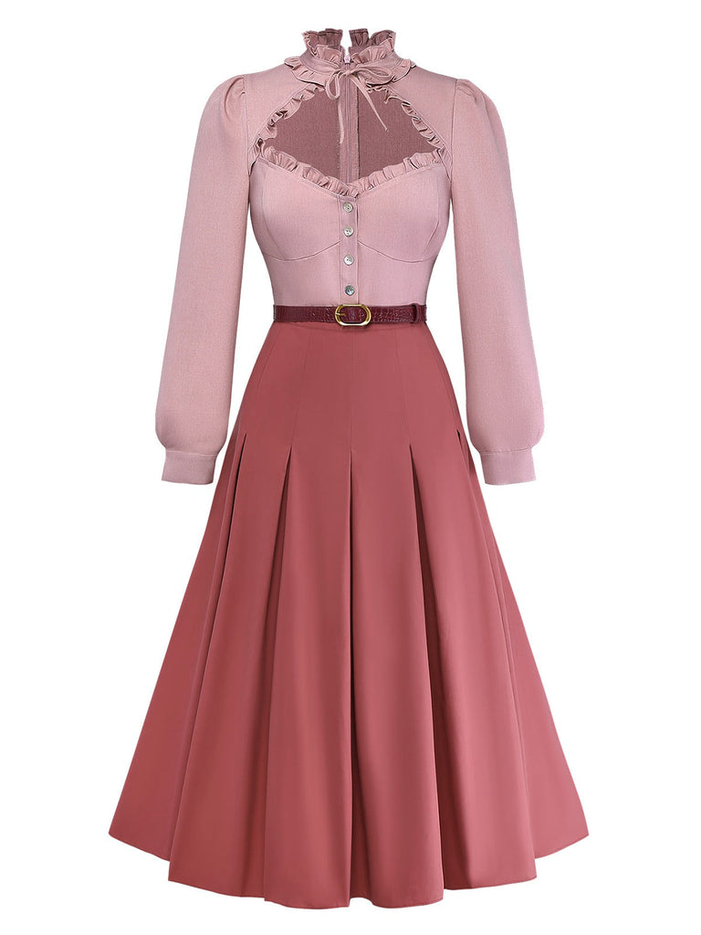 [Vorverkauf] Rosa 1940er Baumwolle Schlüsselloch Rüschen Kleid