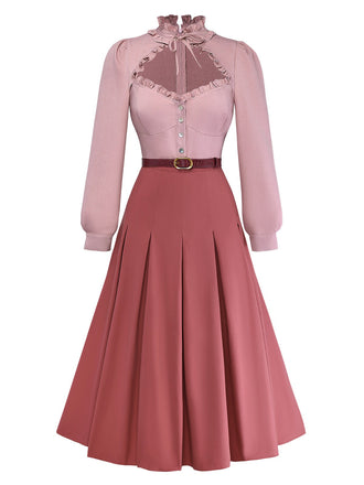 [Vorverkauf] Rosa 1940er Baumwolle Schlüsselloch Rüschen Kleid