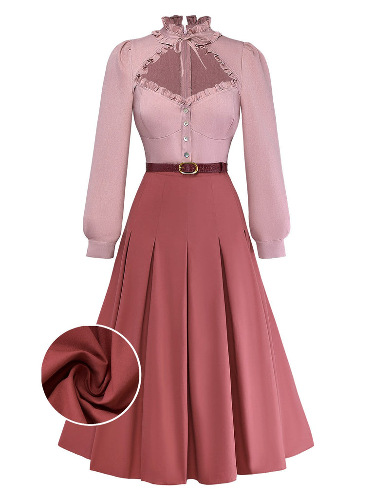 [Vorverkauf] Rosa 1940er Baumwolle Schlüsselloch Rüschen Kleid
