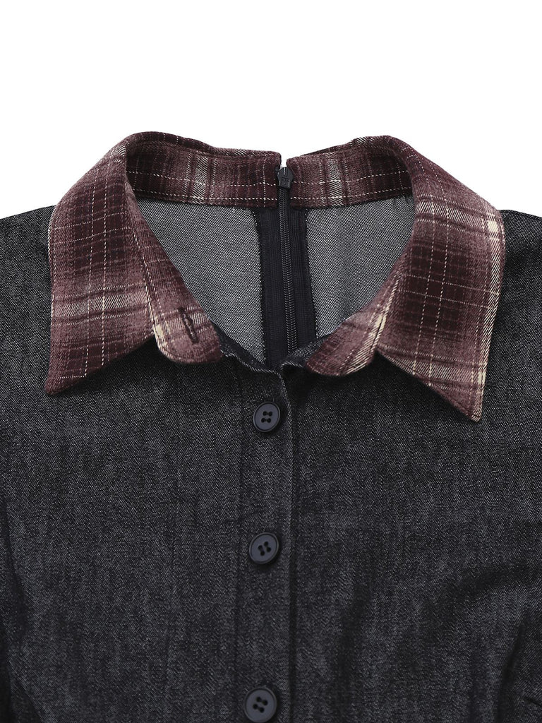 [Vorverkauf] Schwarz 1940er Kariert Jeansstoff Patchwork Kleid