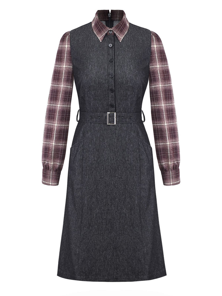 [Vorverkauf] Schwarz 1940er Kariert Jeansstoff Patchwork Kleid